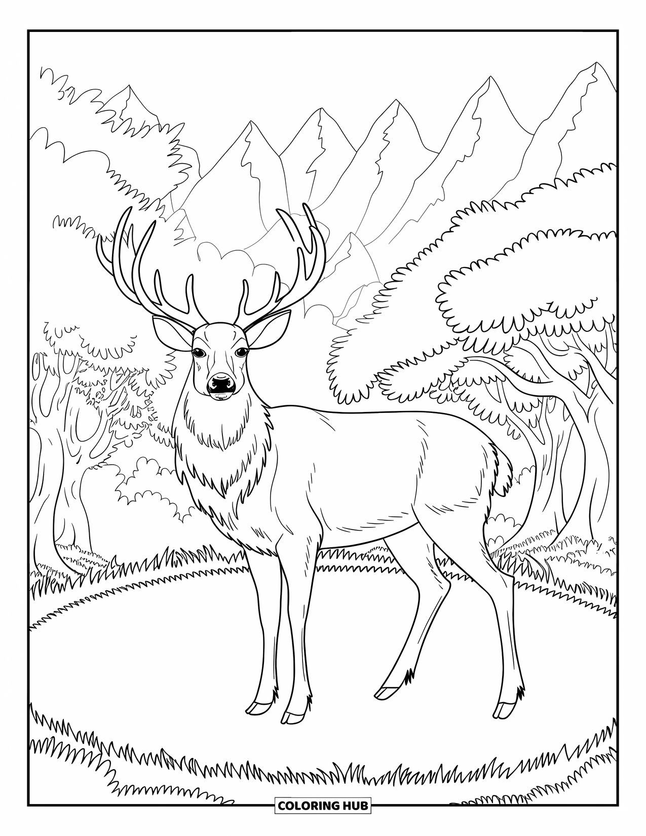 Deer Coloring Page for Kids: A noble deer with wide antlers stands in a misty clearing surrounded by trees