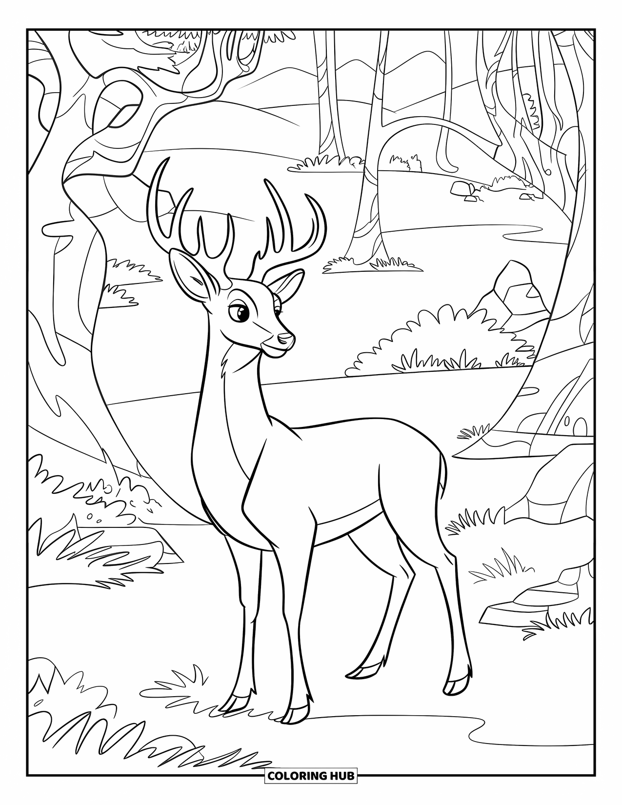 Deer Coloring Page for Kids: A regal deer stands in a peaceful clearing, surrounded by trees and distant mountains