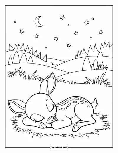 Coloriage de cerfs pour enfants : Un faon endormi repose sur une herbe douce sous un ciel éclairé par la lune