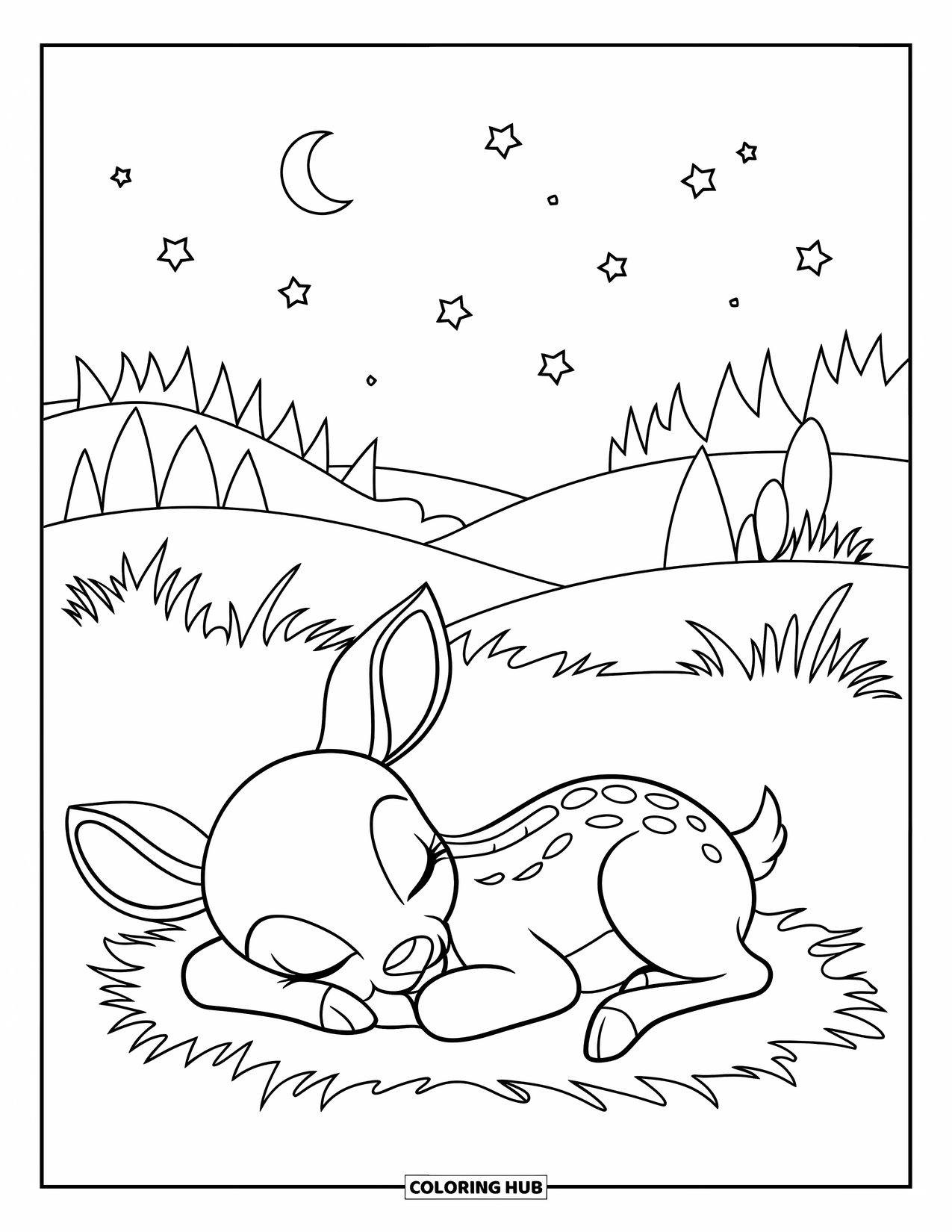 Deer Coloring Page for Kids: A sleeping fawn rests on soft grass under a moonlit sky