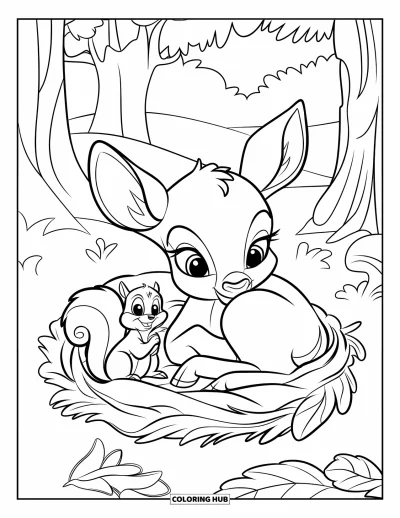 Coloriage de cerfs pour enfants : Un faon endormi se blottit dans un lit de feuilles pendant qu’un écureuil est assis à côté
