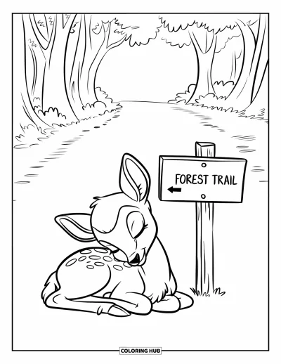 Coloriage de cerfs pour enfants : Un faon endormi se repose près d’un panneau en bois sur un sentier forestier tranquille