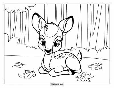 Coloriage de cerfs pour enfants : Un petit cerf est assis parmi des feuilles d’automne qui tombent dans une forêt calme