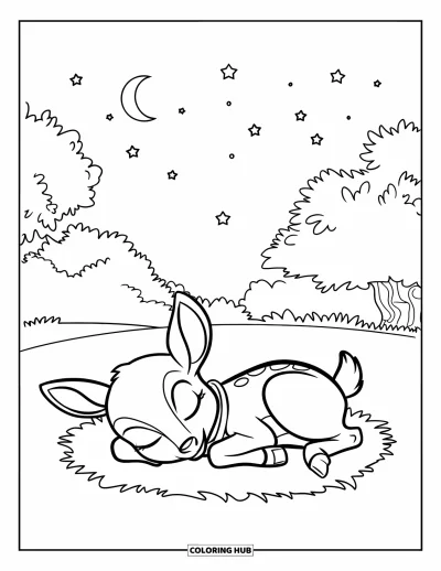 Coloriage de cerfs pour enfants : Un petit cerf dort paisiblement sur une touffe d’herbe, avec des étoiles scintillantes au-dessus