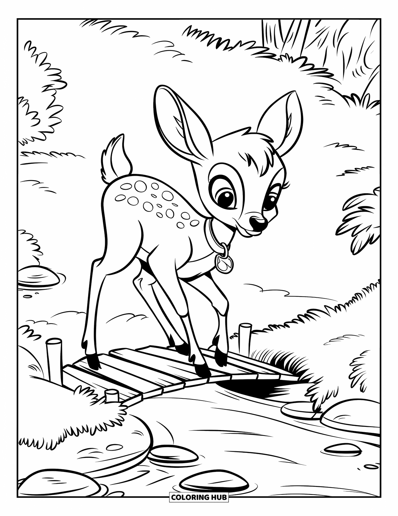 Deer Coloring Page for Kids: A young deer carefully steps onto a wooden bridge, surrounded by lush greenery