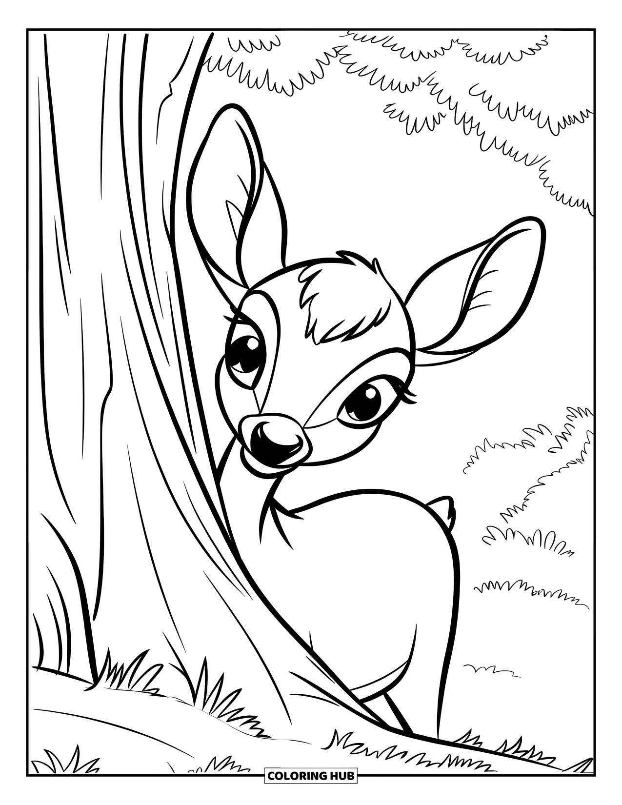 Deer Coloring Page for Kids: A young deer curiously peeks from behind a tree, hiding in the forest