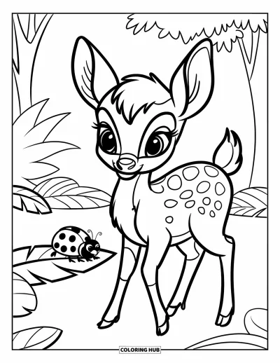Coloriage de cerfs pour enfants : Un jeune cerf observe une coccinelle sur une feuille dans une forêt paisible