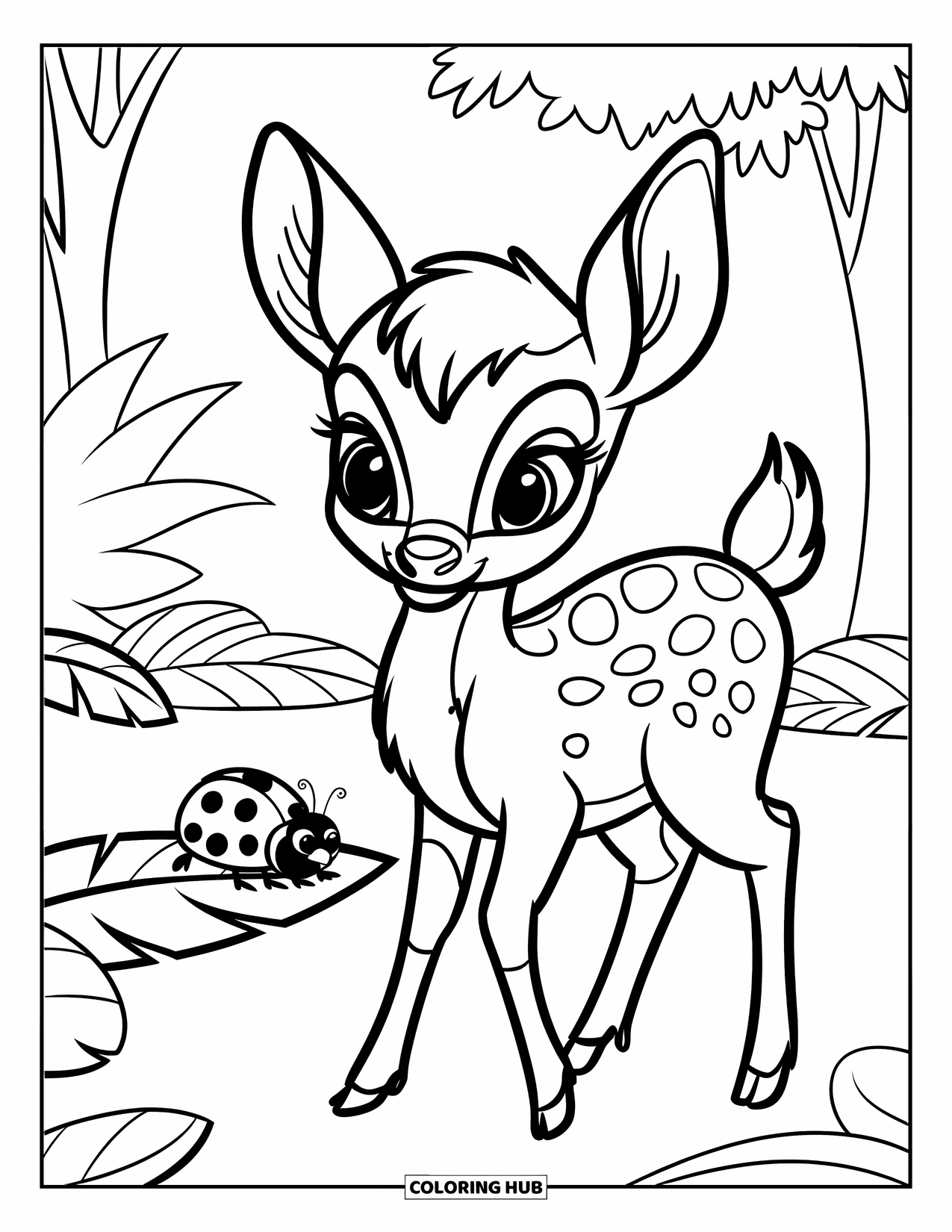 Deer Coloring Page for Kids: A young deer gazes at a ladybug on a leaf in a peaceful forest