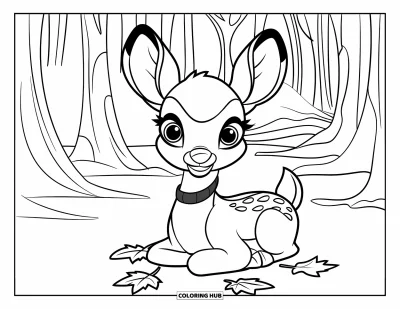 Coloriage de cerfs pour enfants : Un jeune cerf se repose sur l’herbe pendant que des feuilles d’automne dérivent autour de lui
