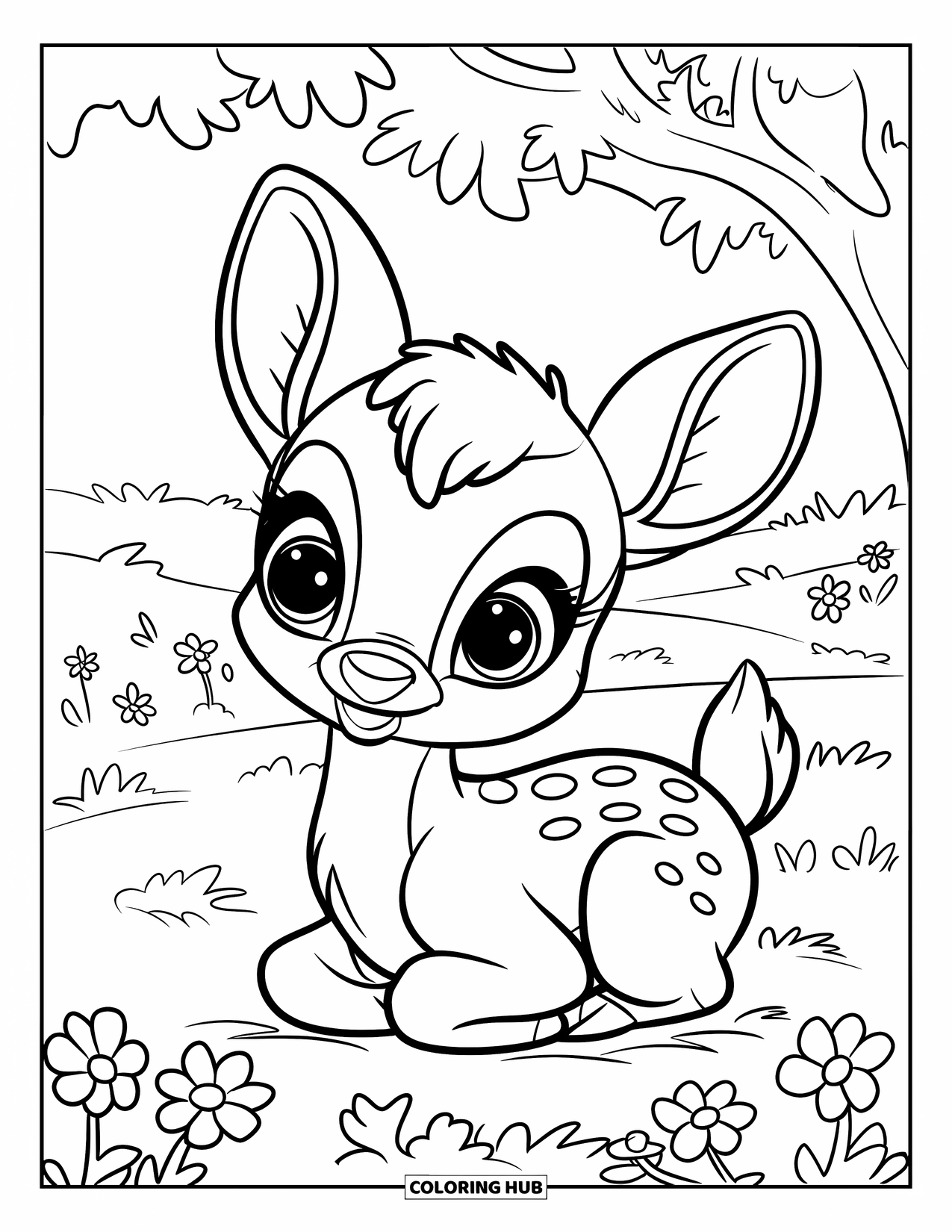 Deer Coloring Page for Kids: A young deer rests under a tree, surrounded by blooming flowers