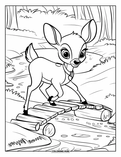 Coloriage de cerfs pour enfants : Un jeune cerf avance avec précaution sur un pont en bois au-dessus d’un ruisseau clair et peu profond