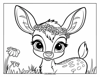 Coloriage de cerfs pour enfants : Un jeune cerf avec une couronne de fleurs se tient dans une prairie remplie de papillons