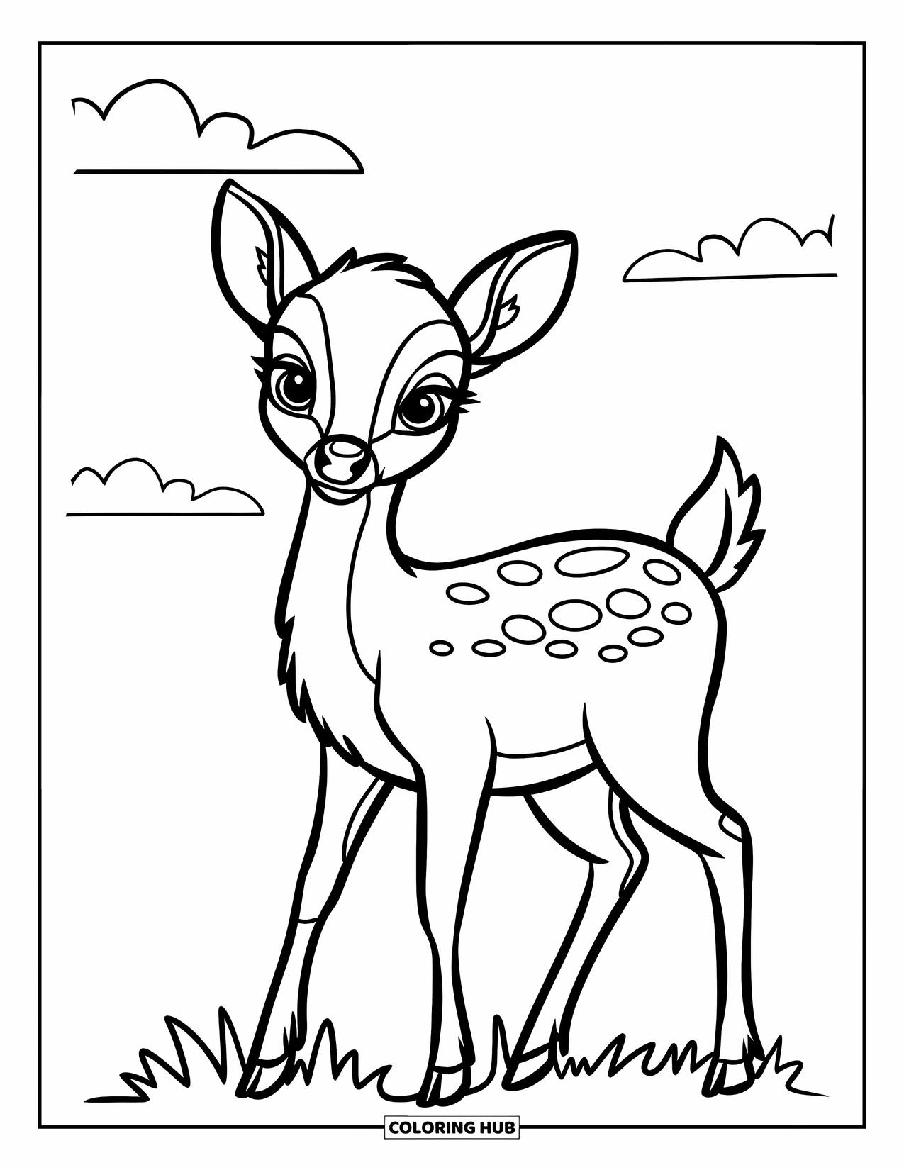 Deer Coloring Page for Kids: A young deer with tiny antlers gazes up at the sky with soft clouds