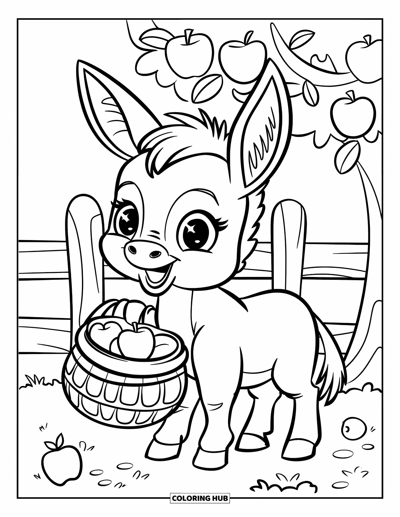 Donkey Coloring Page for Adults: A baby donkey with sparkling eyes balances a basket of apples on its back