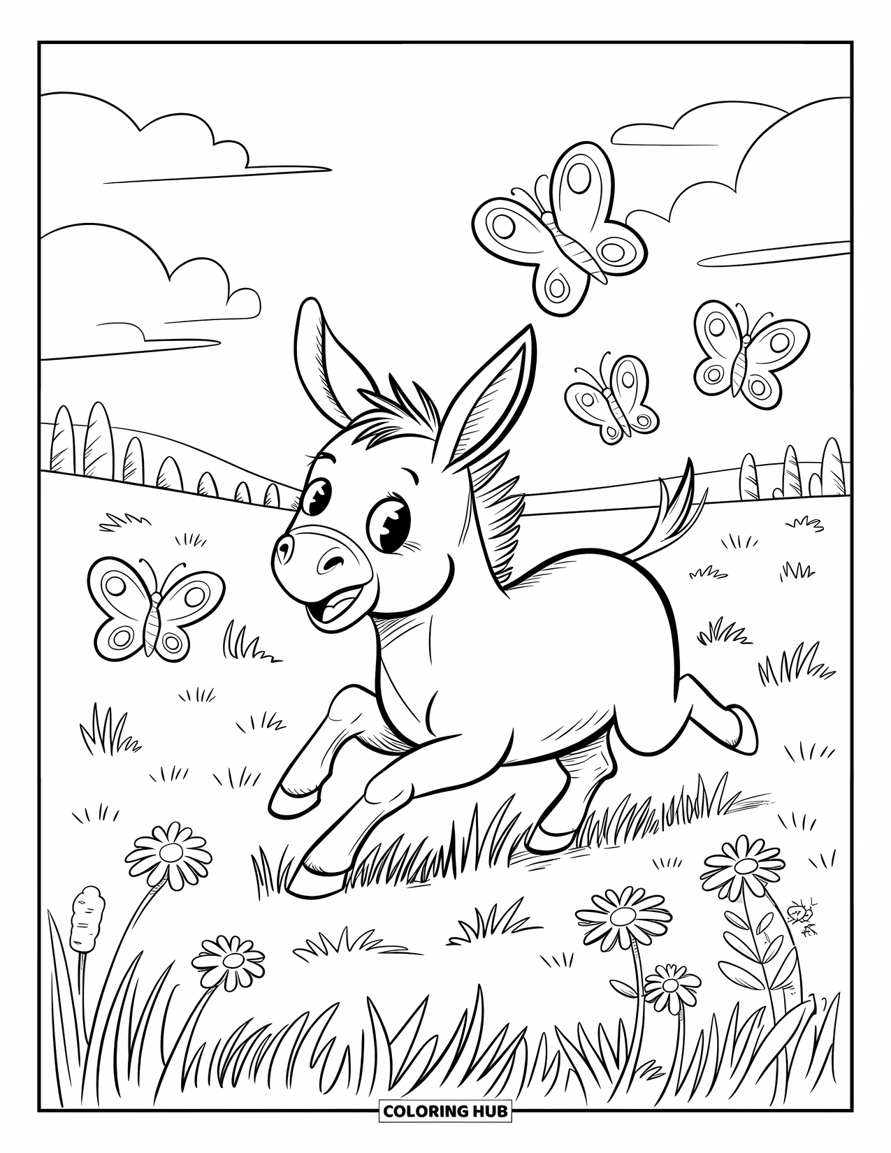 Donkey Coloring Page for Adults: A cheerful donkey prances through a meadow, chasing fluttering butterflies