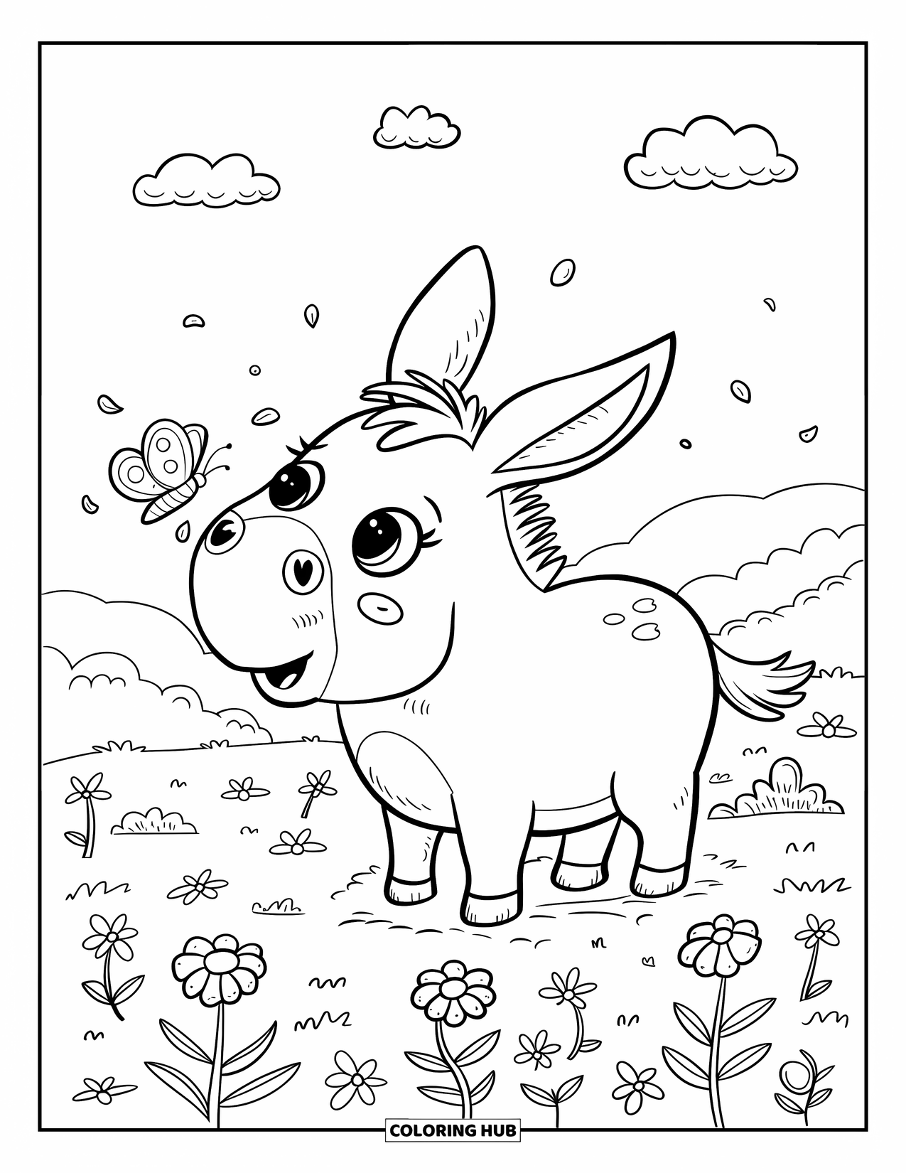 Donkey Coloring Page for Adults: A chubby donkey stands in a flower meadow as a butterfly lands on its nose
