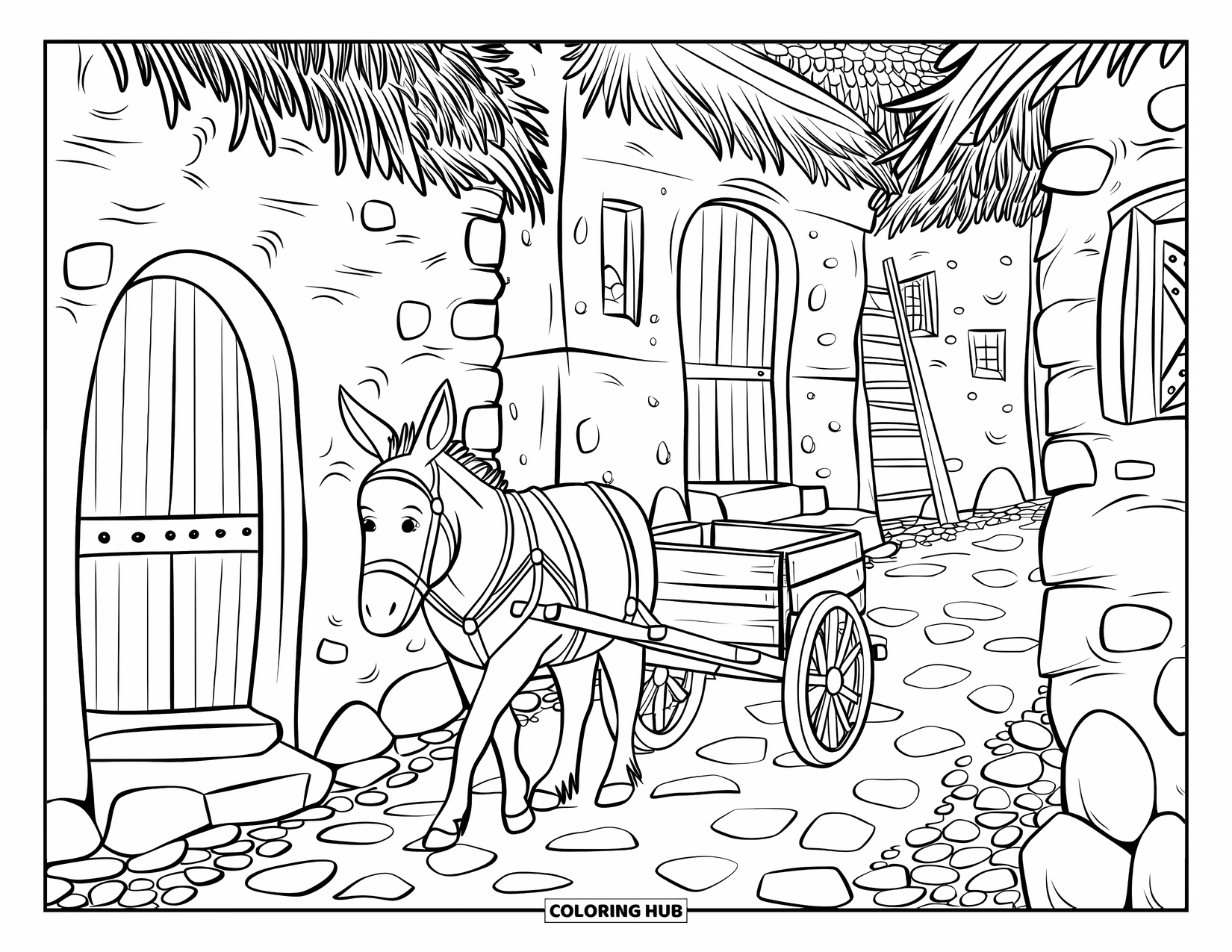 Donkey Coloring Page for Adults: A donkey carries a wooden cart through a village with thatched-roof houses and stone pathways