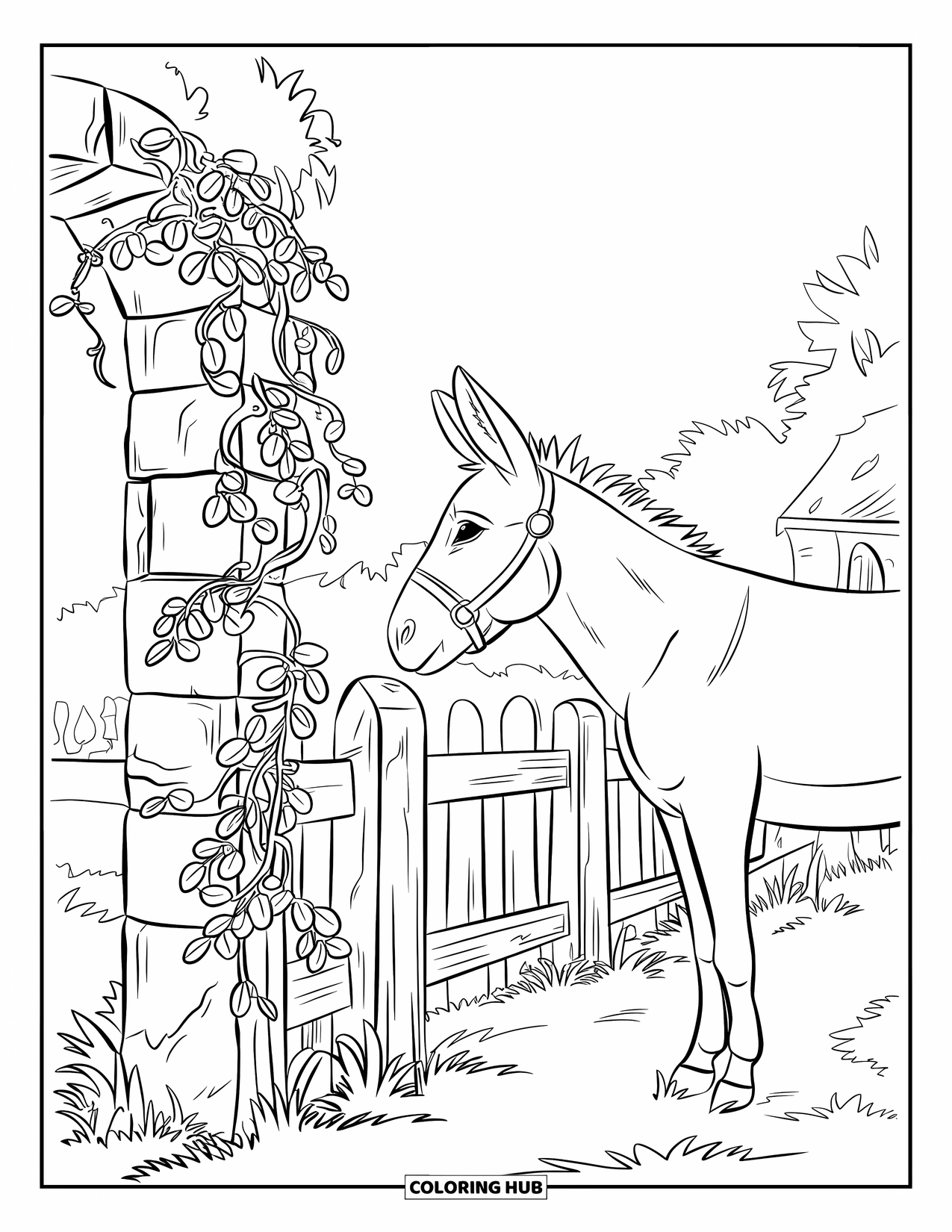 Donkey Coloring Page for Adults: A donkey gazes at a weathered stone fence adorned with climbing vines and floral designs