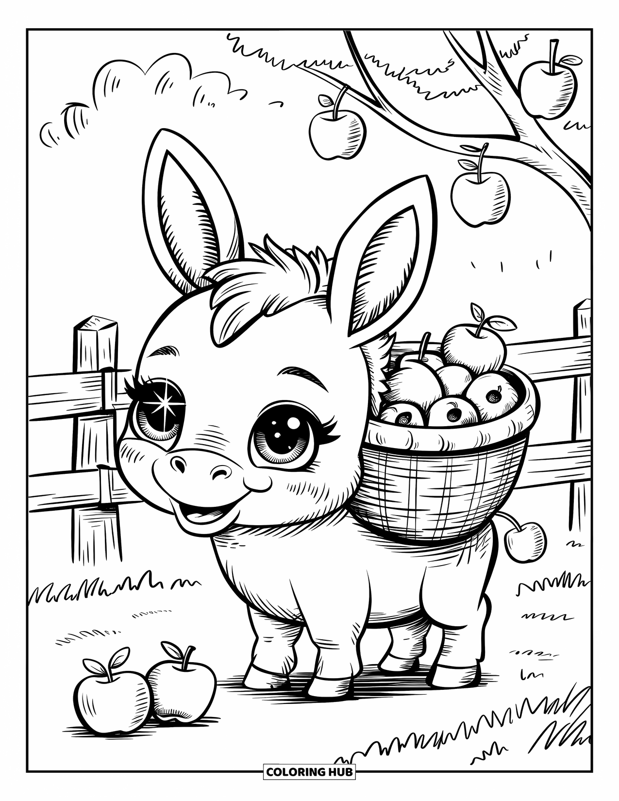 Donkey Coloring Page for Adults: A donkey in a cute hat carries apples, with a few falling onto the grass