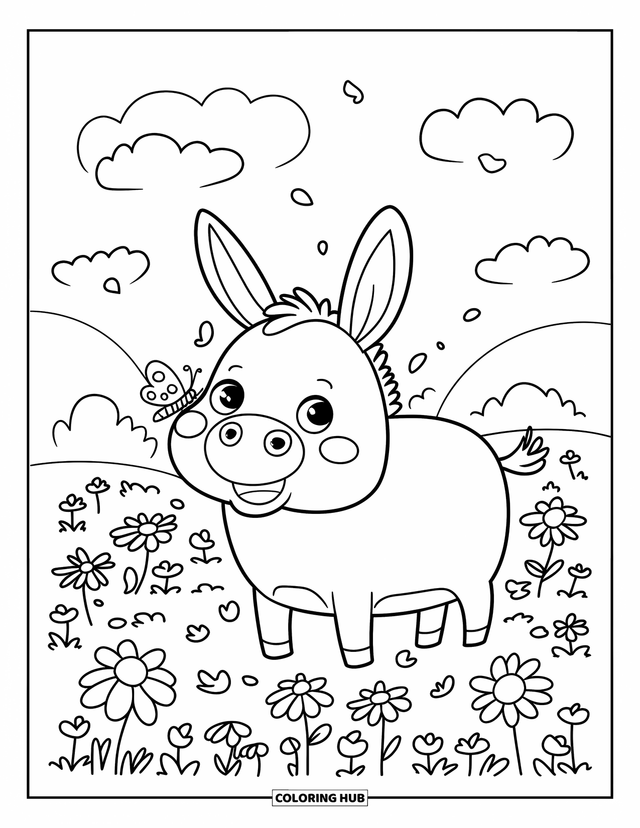 Donkey Coloring Page for Adults: A donkey in a petal-filled meadow watches butterflies flutter around