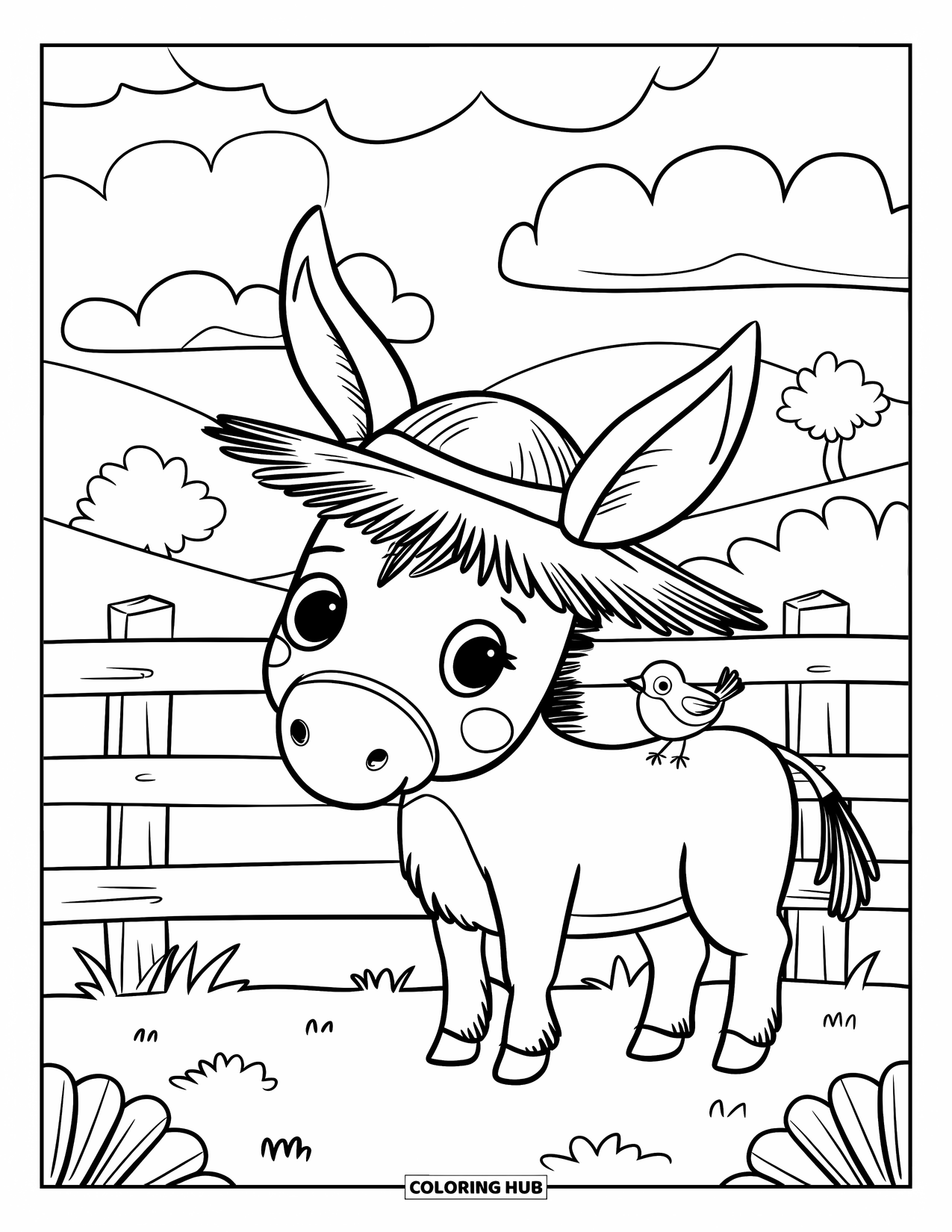 Donkey Coloring Page for Adults: A donkey in a straw hat listens to a tiny bird under a cloudy sky