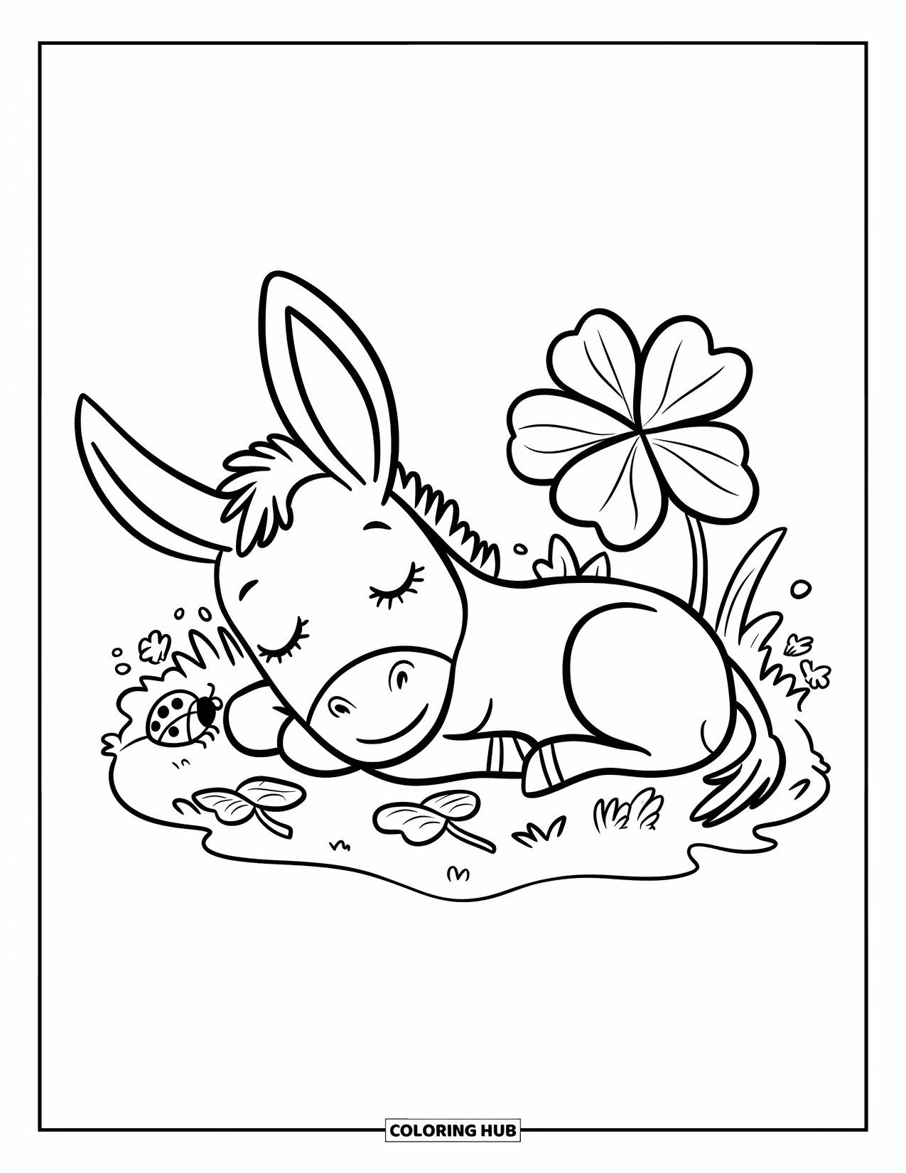 Donkey Coloring Page for Adults: A donkey naps in a bed of clover, with a lucky four-leaf clover nearby