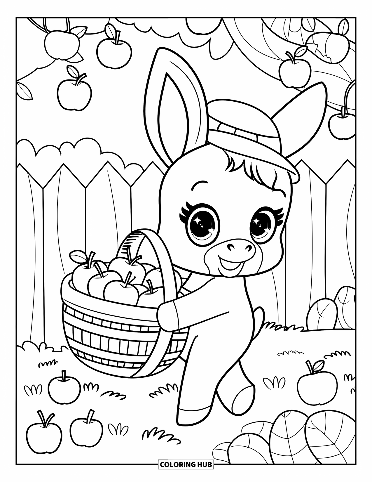 Donkey Coloring Page for Adults: A donkey near an apple tree stands with a basket of apples on its back