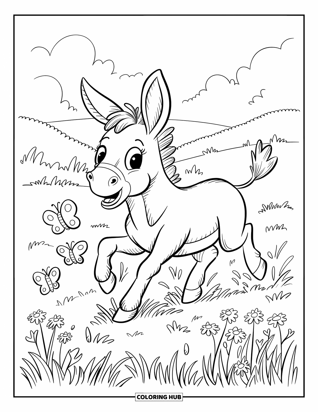 Donkey Coloring Page for Adults: A donkey playfully runs through a breezy meadow, following butterflies