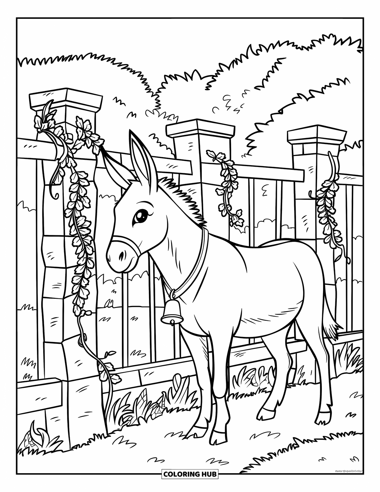 Donkey Coloring Page for Adults: A donkey rests beside a vine-covered stone fence with a wooden gate