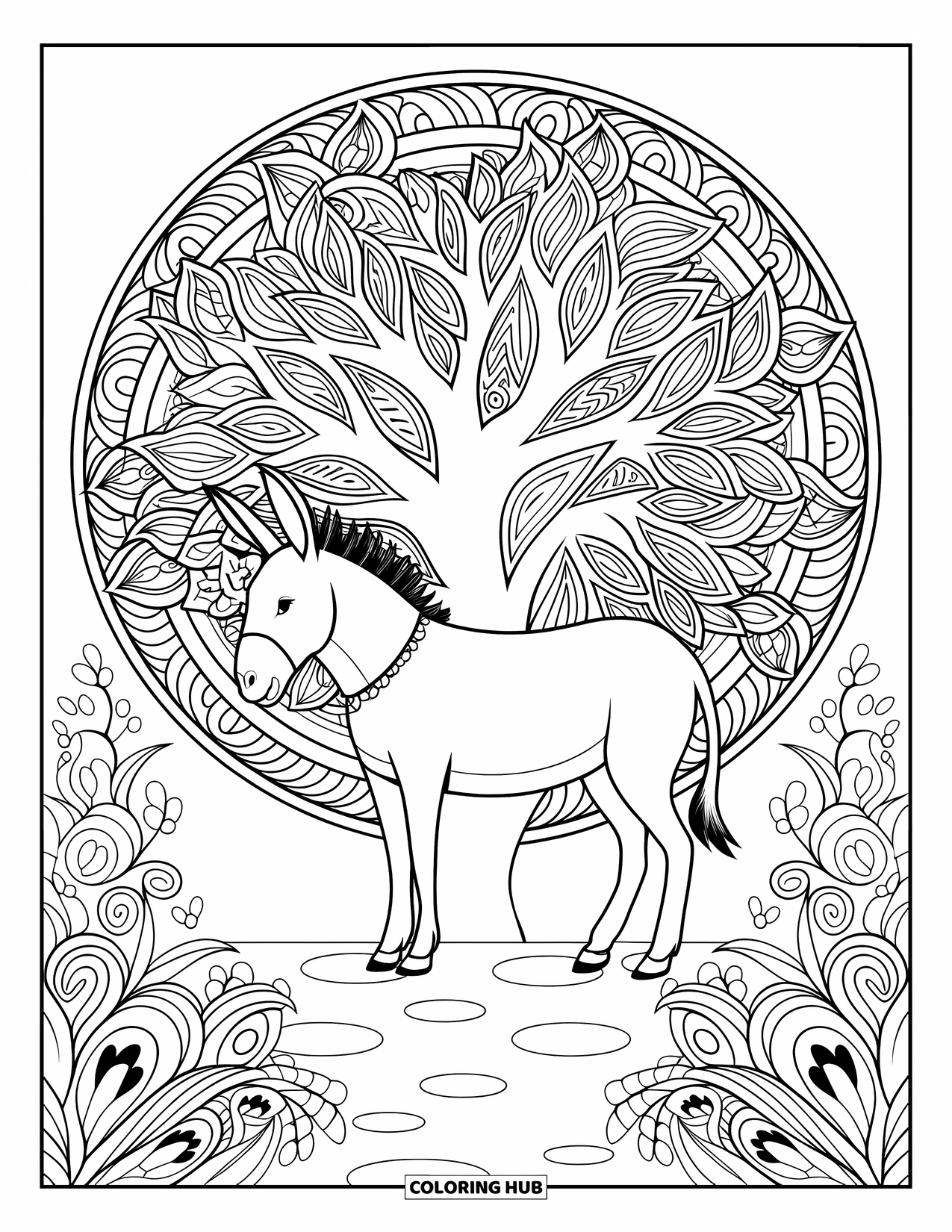 Donkey Coloring Page for Adults: A donkey rests under an elaborate tree, surrounded by swirling patterns and artistic designs