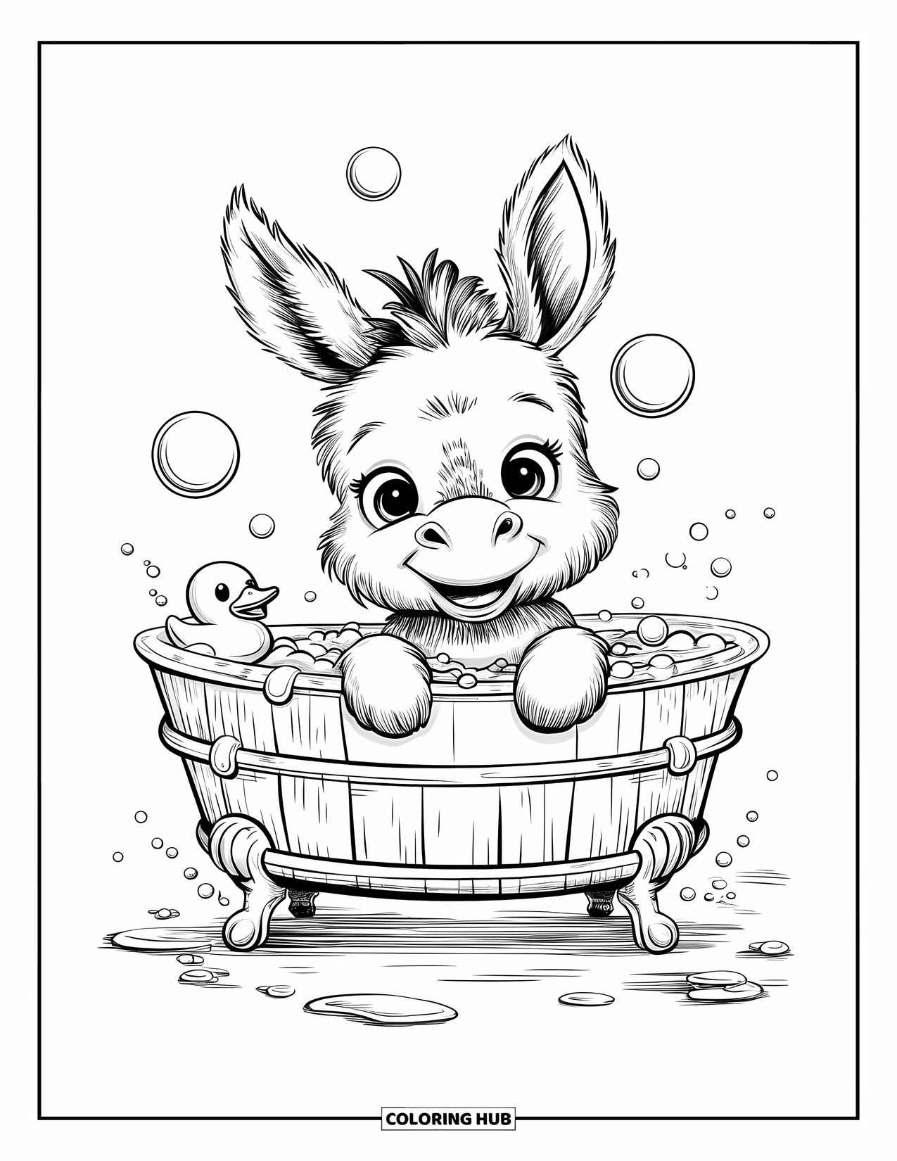 Donkey Coloring Page for Adults: A donkey sits in a bubble-filled tub, splashing water playfully