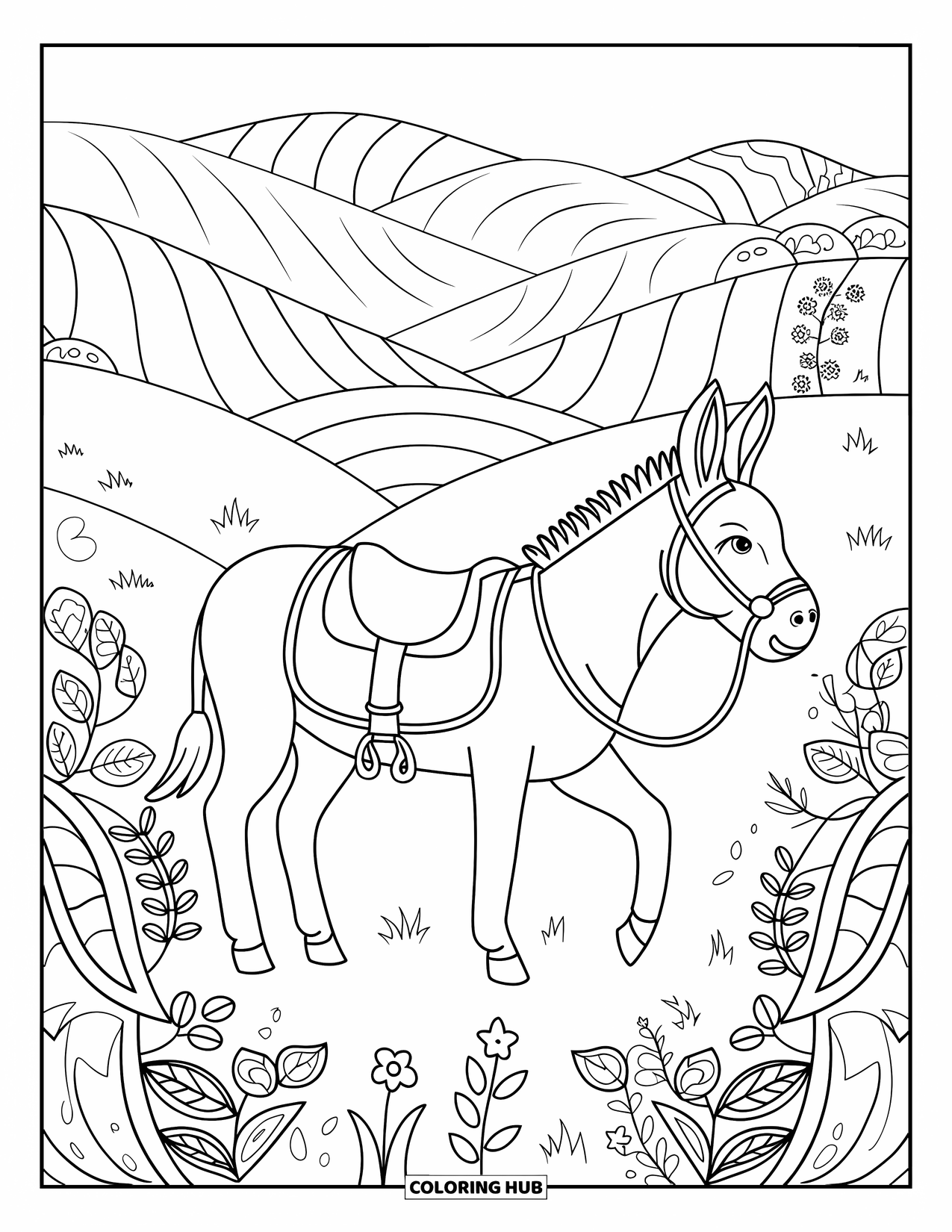 Donkey Coloring Page for Adults: A donkey stands among intricately designed flowers, surrounded by decorative hills and vines