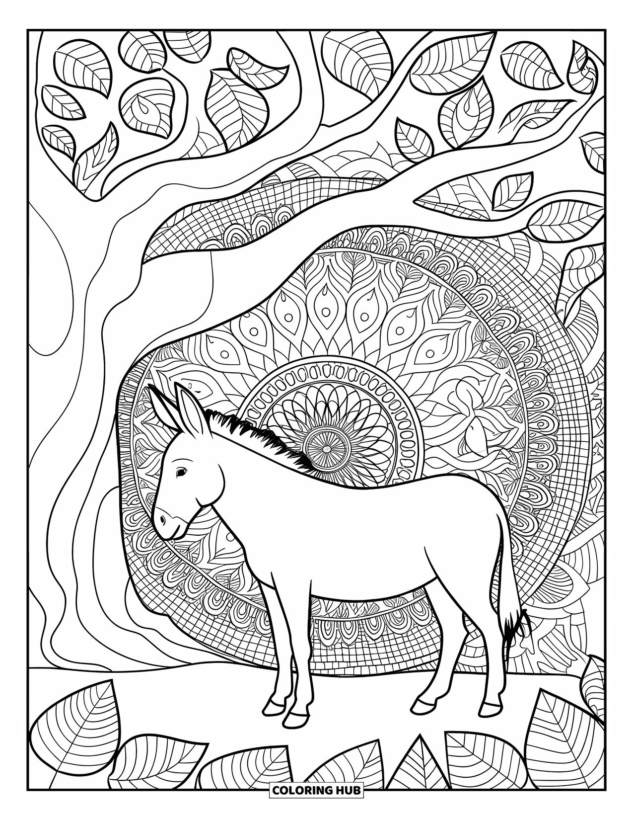 Donkey Coloring Page for Adults: A donkey stands beside a tree with twisting leaves and a highly detailed mandala background