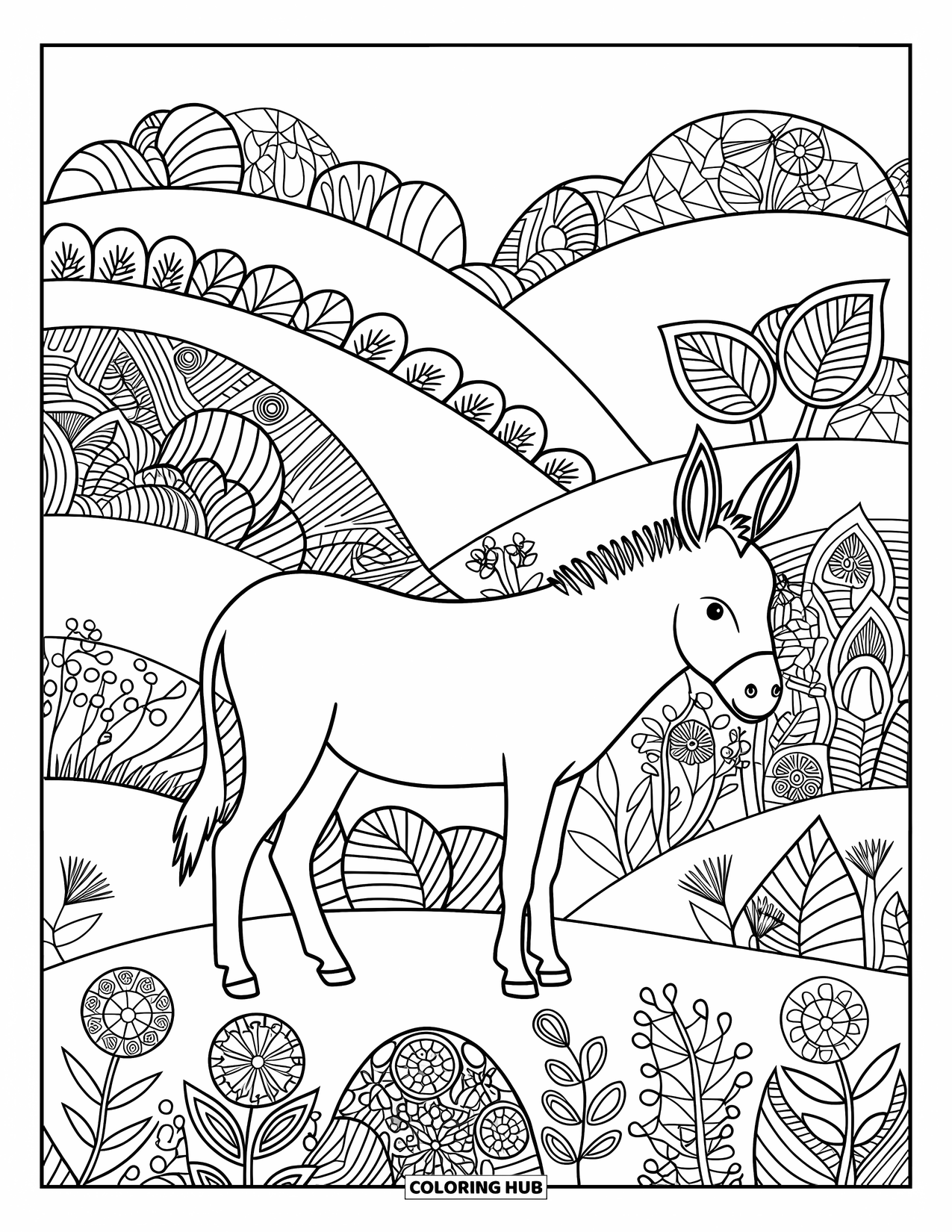 Donkey Coloring Page for Adults: A donkey stands in a peaceful landscape with rolling hills and swirling floral patterns