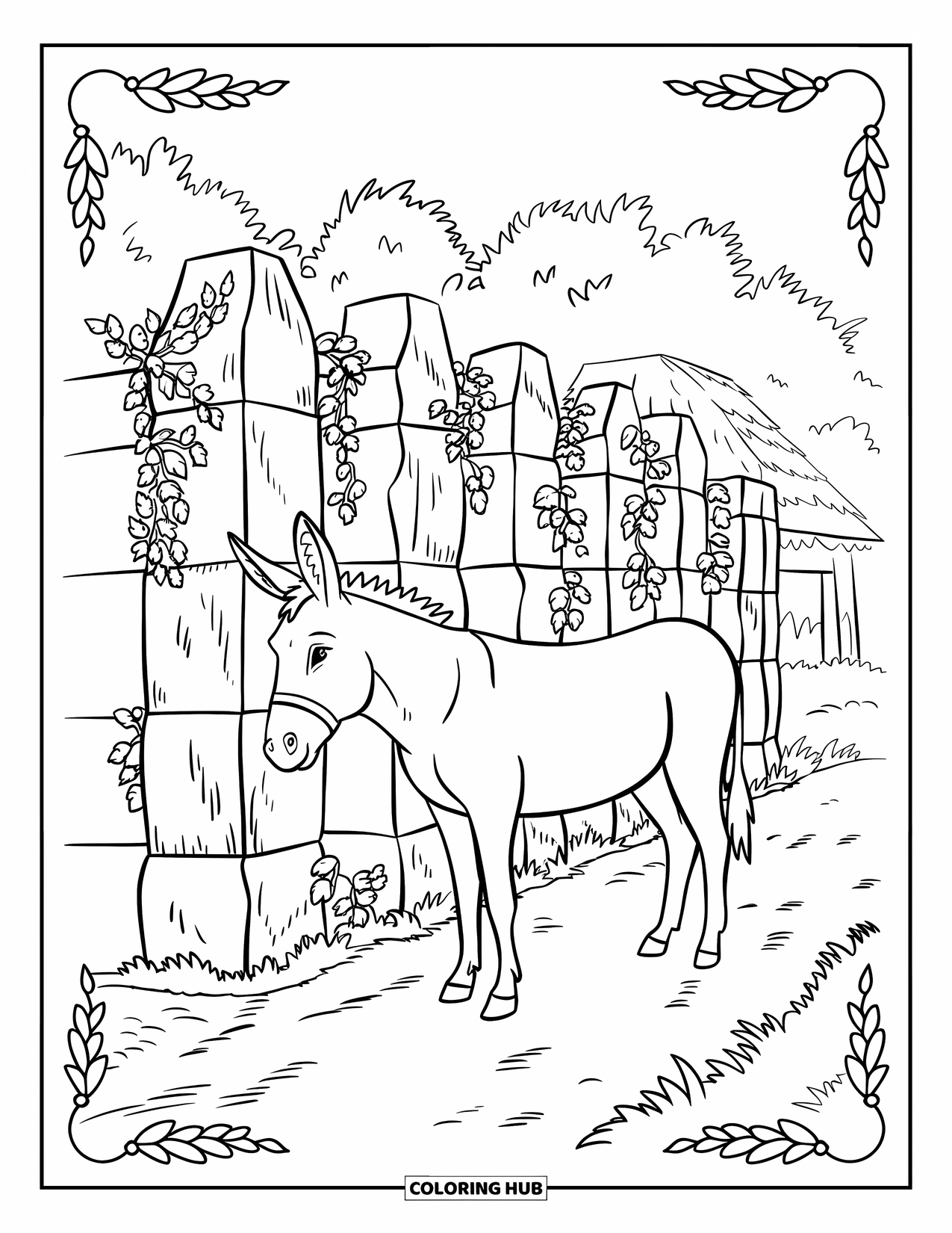 Donkey Coloring Page for Adults: A donkey stands near an old stone fence covered in twisting vines and intricate patterns