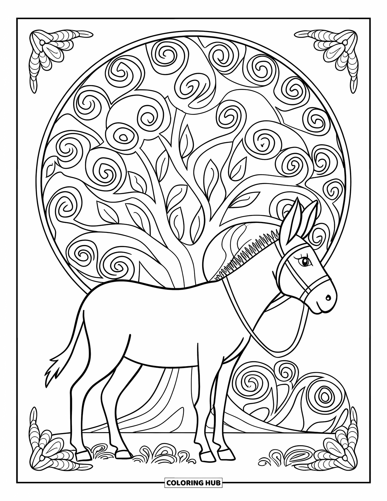 Donkey Coloring Page for Adults: A donkey stands under a massive tree with swirling leaves and a mandala-style background