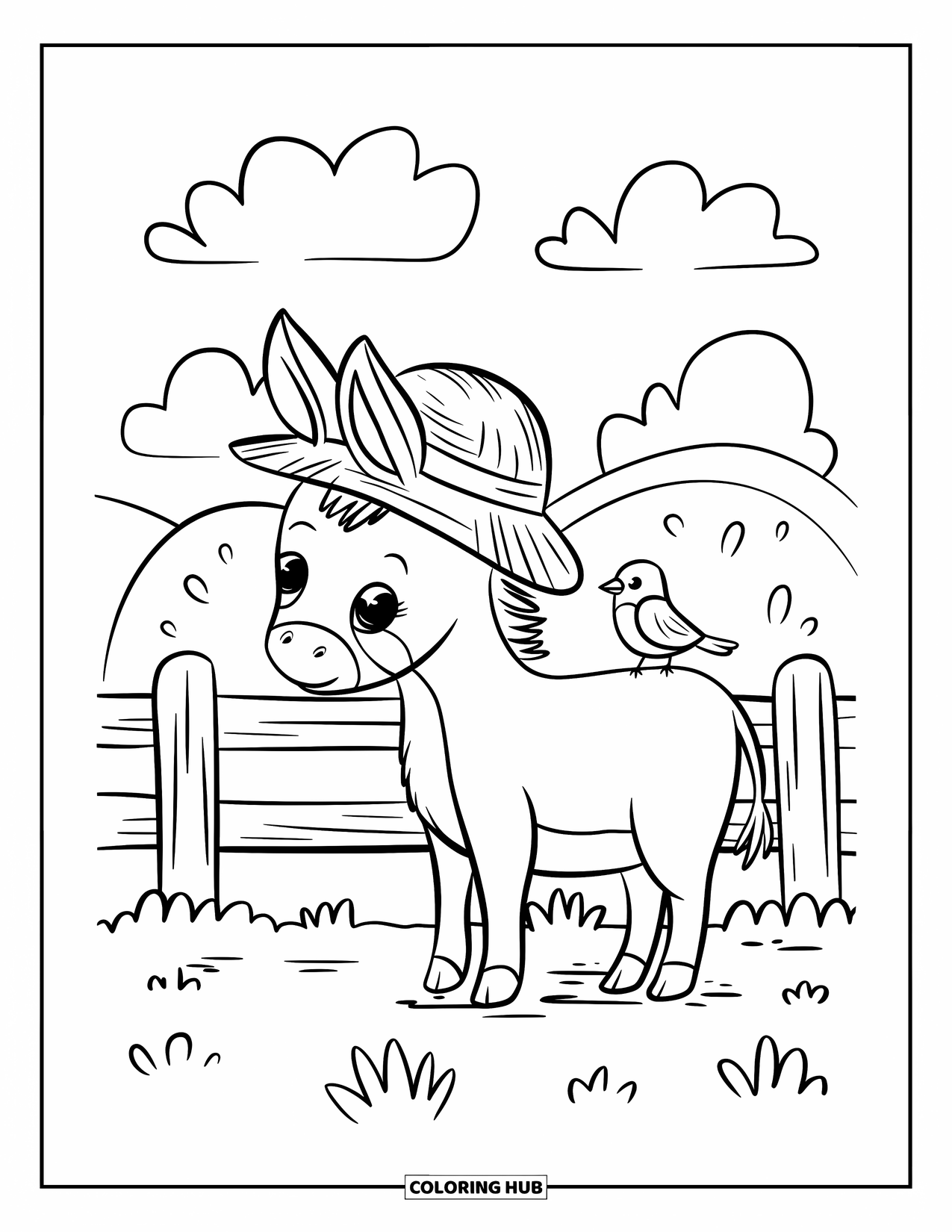 Donkey Coloring Page for Adults: A donkey wearing a straw hat tilts its head as a tiny bird chirps
