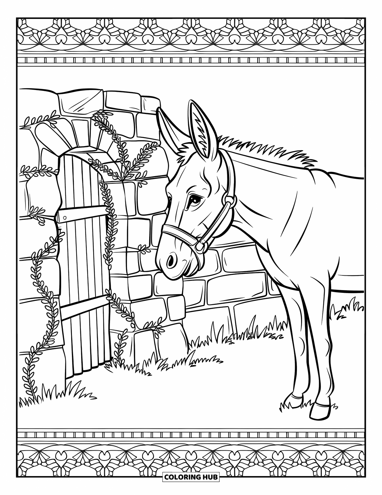 Donkey Coloring Page for Adults: A donkey with a bell around its neck stands near a stone wall wrapped in leafy vines