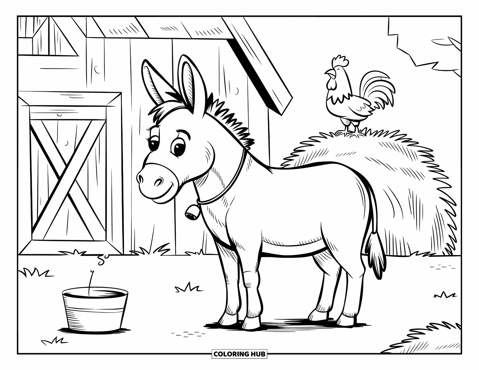 Donkey Coloring Page for Adults: A donkey with a bell collar stands near a barn with a rooster on a haystack