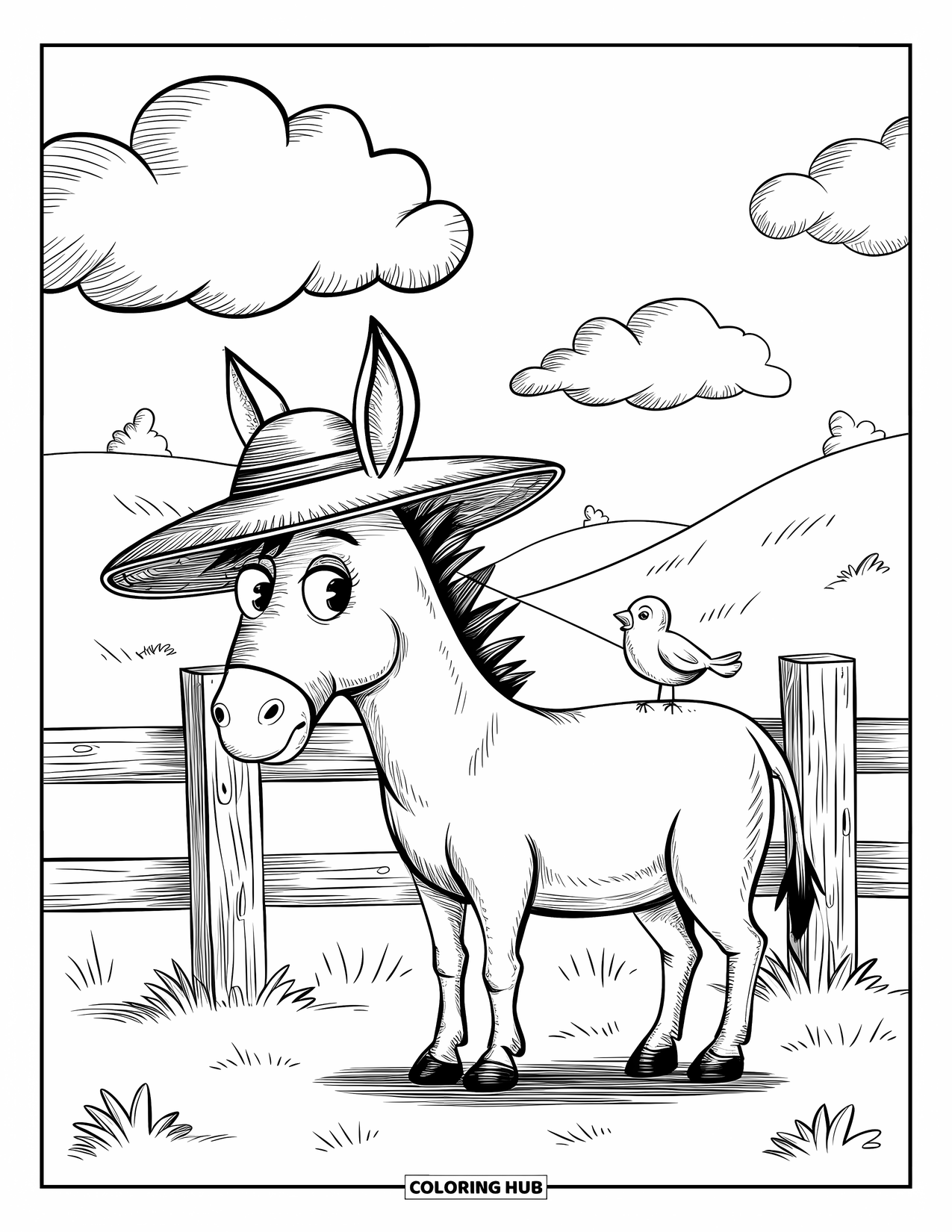 Donkey Coloring Page for Adults: A donkey with a bird on its back stands near a wooden fence