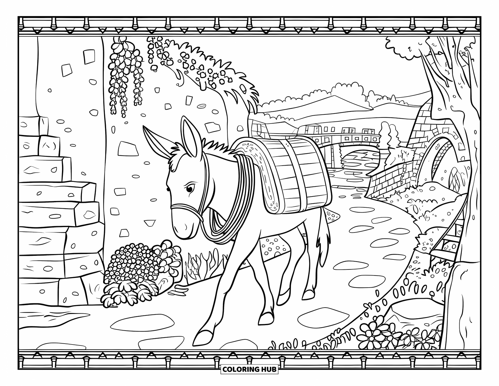 Donkey Coloring Page for Adults: A donkey with a pack walks along a village road, surrounded by charming rustic houses