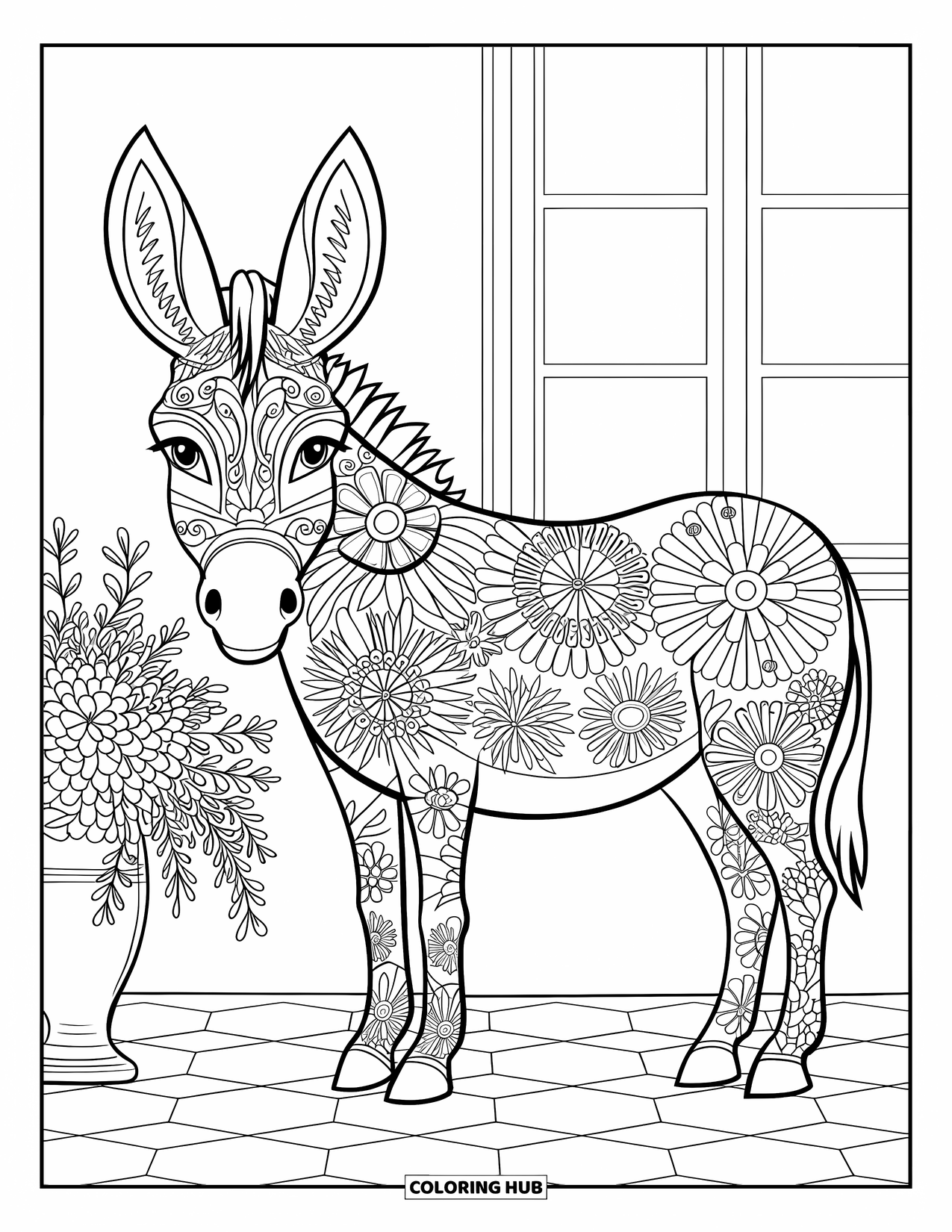 Donkey Coloring Page for Adults: A donkey with artistic floral details stands in a landscape of swirling leaves and patterned grass