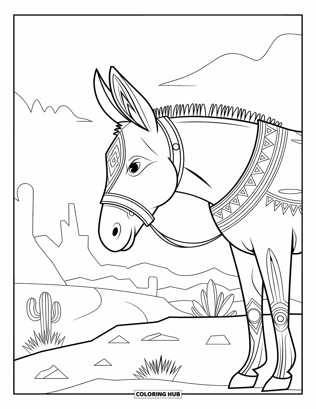 Donkey Coloring Page for Adults: A donkey with bold tribal-inspired designs stands against a textured background