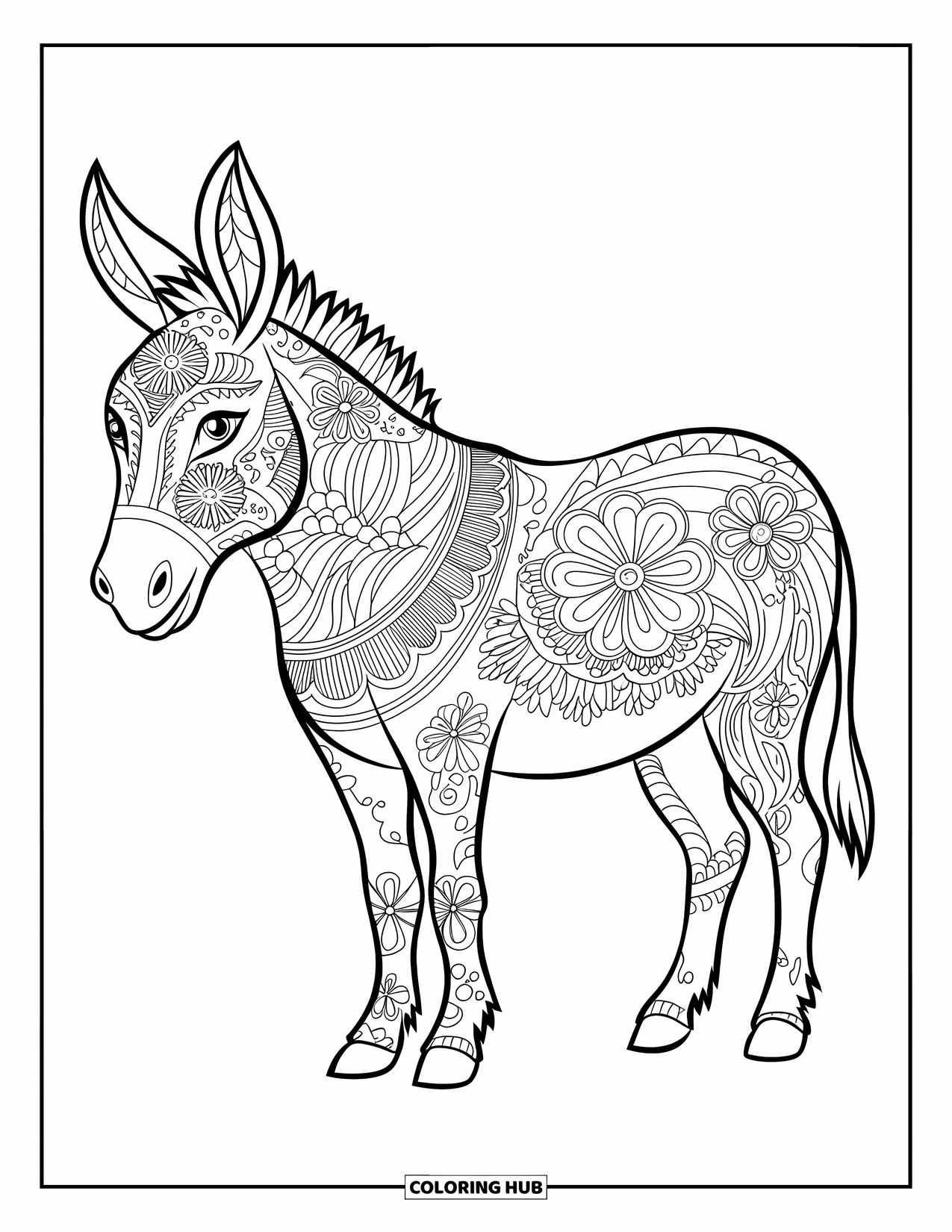 Donkey Coloring Page for Adults: A donkey with floral patterns on its fur stands in a richly decorated grassy field