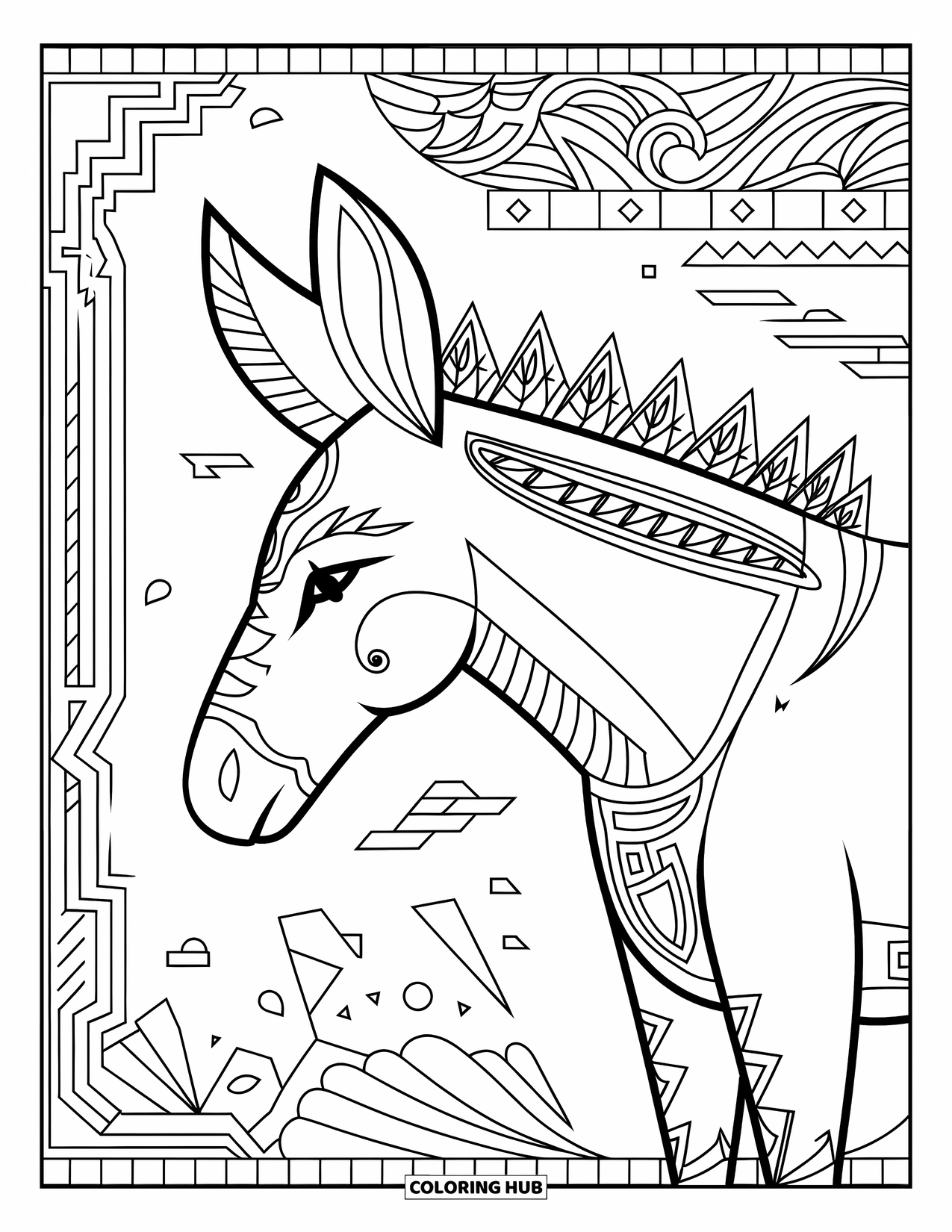 Donkey Coloring Page for Adults: A donkey with ornate tribal markings stands in a patterned desert landscape