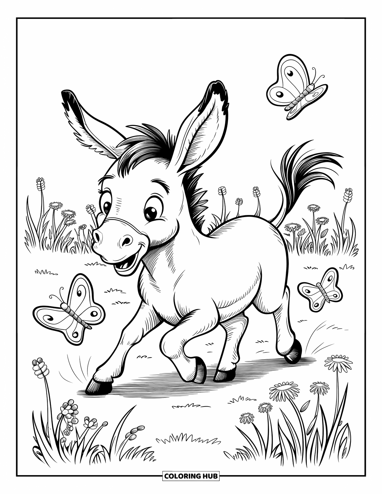 Donkey Coloring Page for Adults: A donkey with perked ears runs after butterflies in a wildflower field