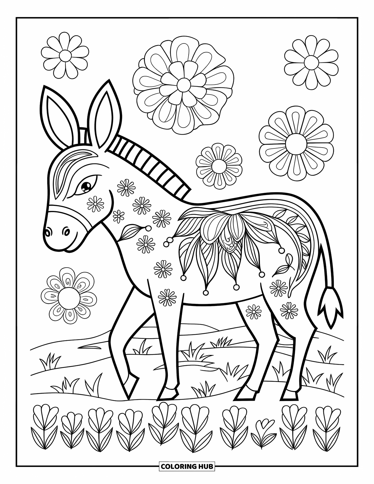 Donkey Coloring Page for Adults: A floral-patterned donkey stands on a checkered floor beside a decorative vase