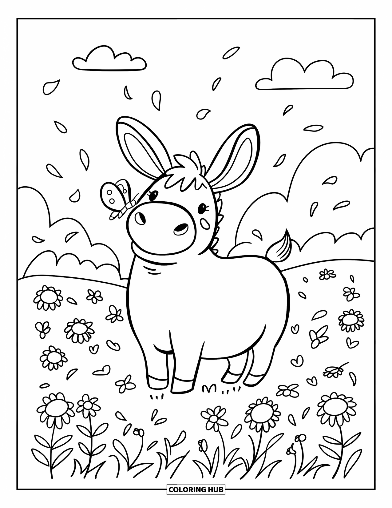 Donkey Coloring Page for Adults: A fluffy donkey curiously gazes at a butterfly resting on its nose