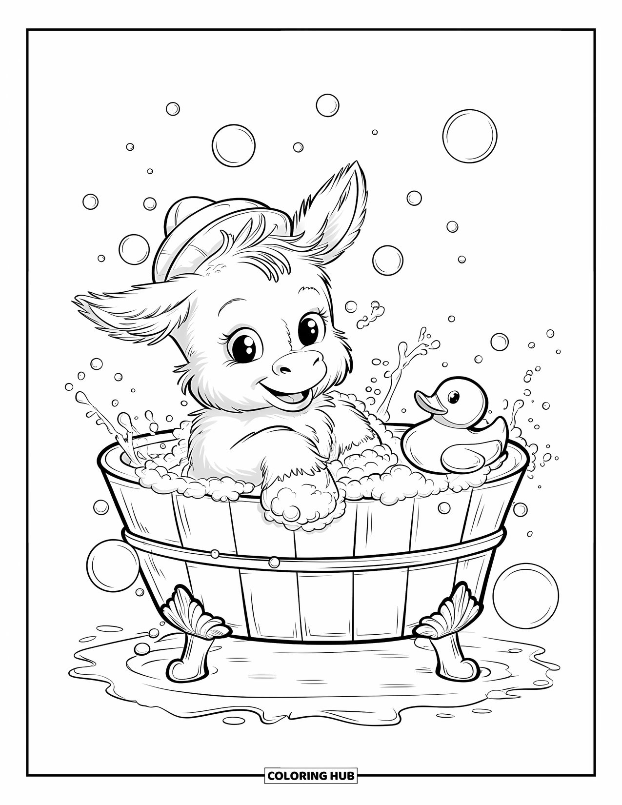 Donkey Coloring Page for Adults: A fluffy donkey soaks in a wooden tub while a rubber duck floats nearby