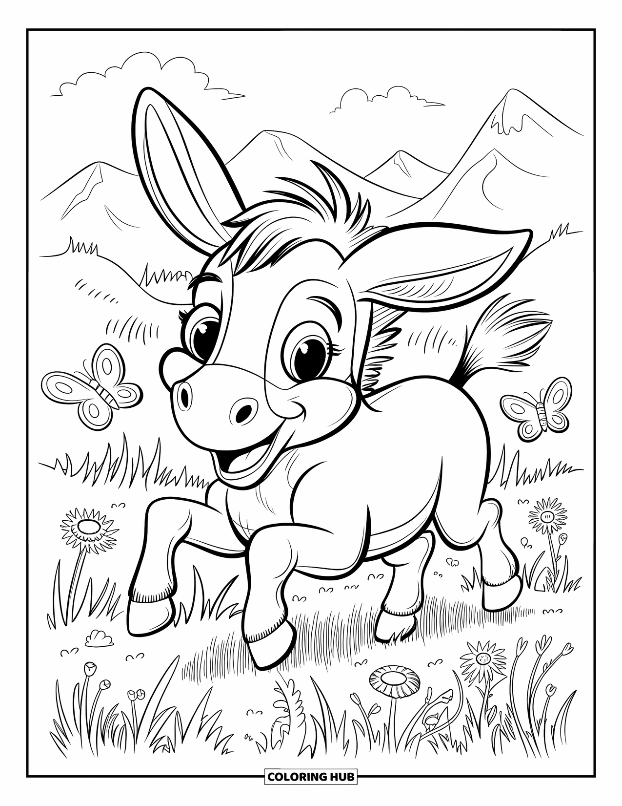 Donkey Coloring Page for Adults: A happy donkey gallops through tall grass, playfully chasing butterflies